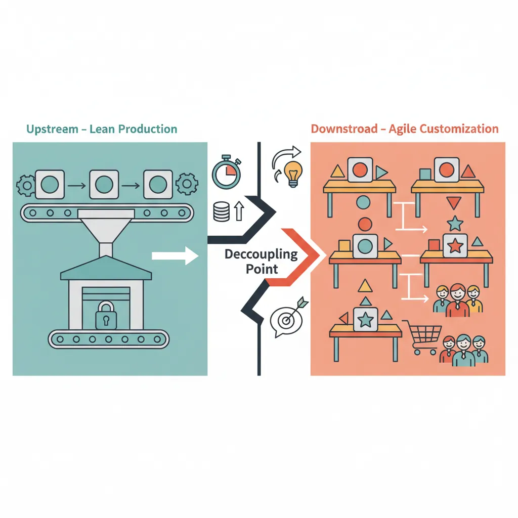 Leagile manufacturing model showing the decoupling point separating lean upstream production of standard components from agile downstream customization and assembly
