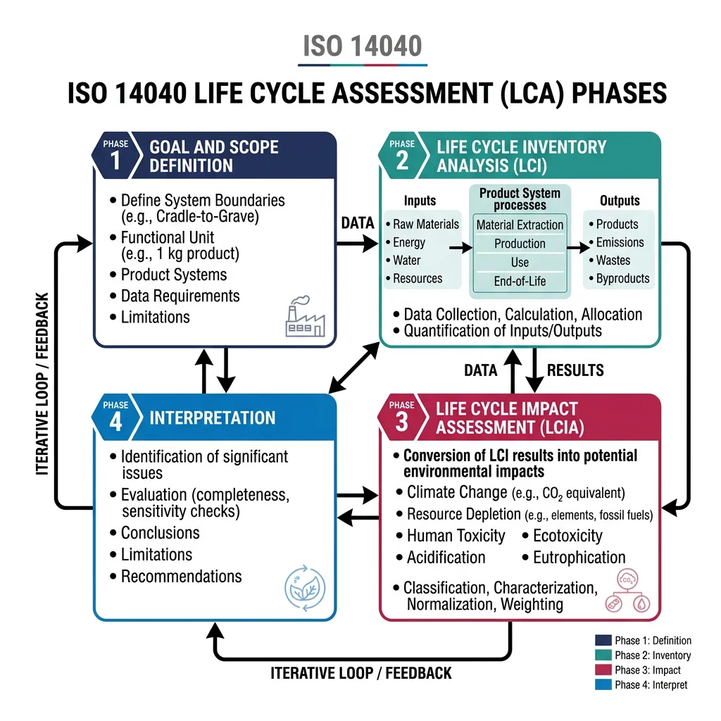 Diagram of the four ISO 14040 LCA phases: goal and scope, inventory analysis, impact assessment, and interpretation