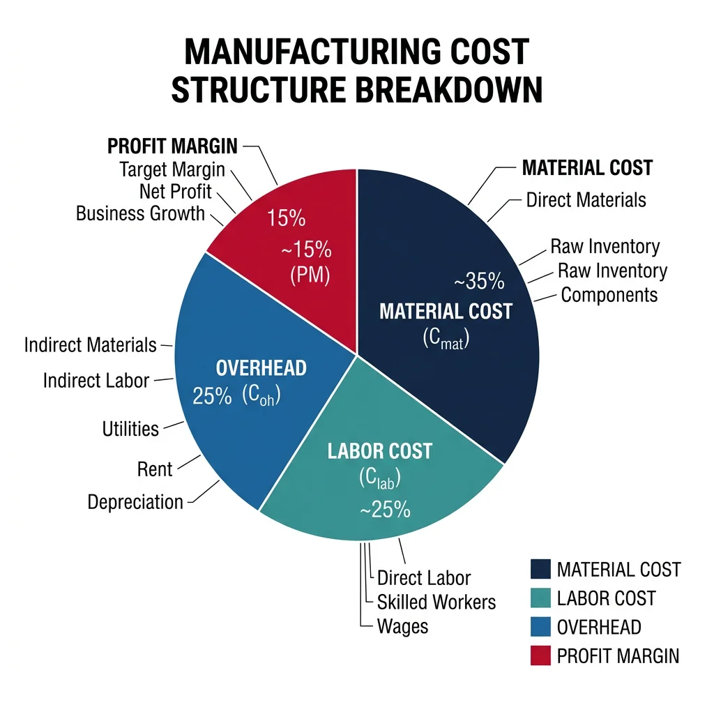 Pie chart showing manufacturing cost structure breakdown: material, labor, overhead, and profit margin