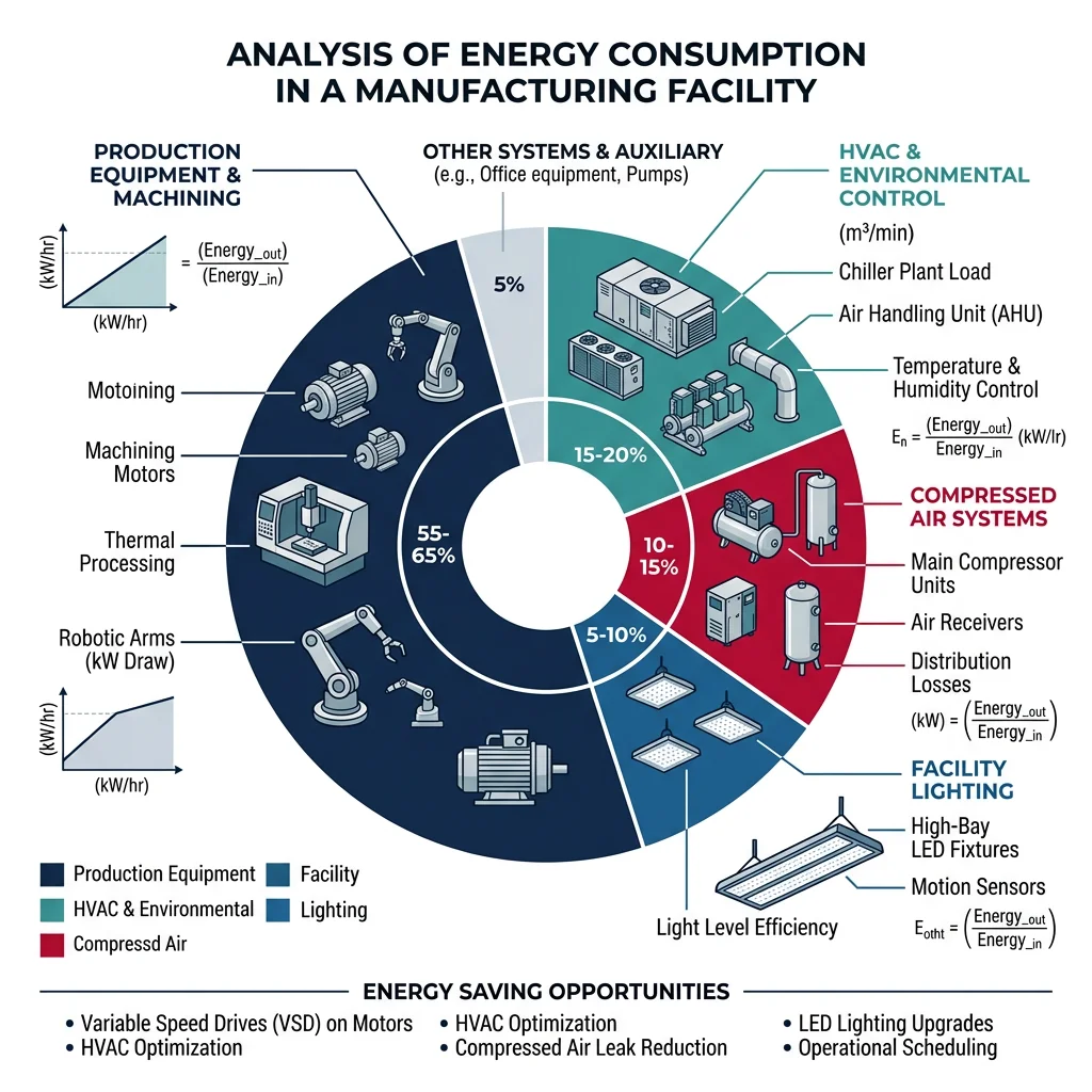 Breakdown of energy consumption in a manufacturing facility showing equipment, HVAC, compressed air, and lighting