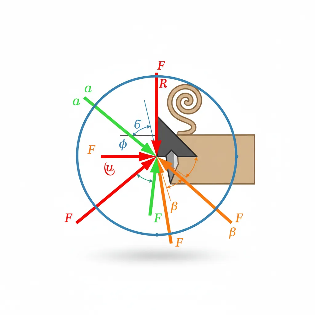 Merchant's circle force diagram showing cutting force, thrust force, shear force, and friction force relationships in orthogonal cutting