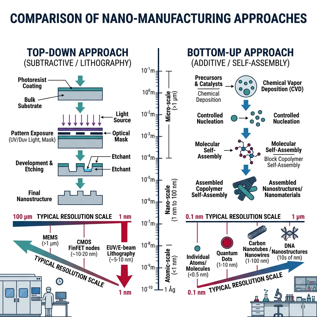 Comparison of top-down and bottom-up nano-manufacturing approaches with resolution scales