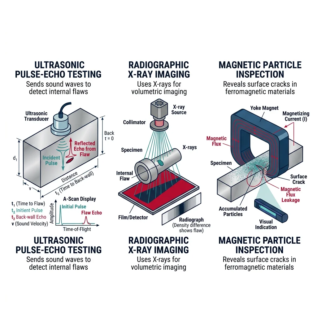 Comparison of NDT methods showing ultrasonic pulse-echo, radiographic X-ray imaging, and magnetic particle inspection techniques