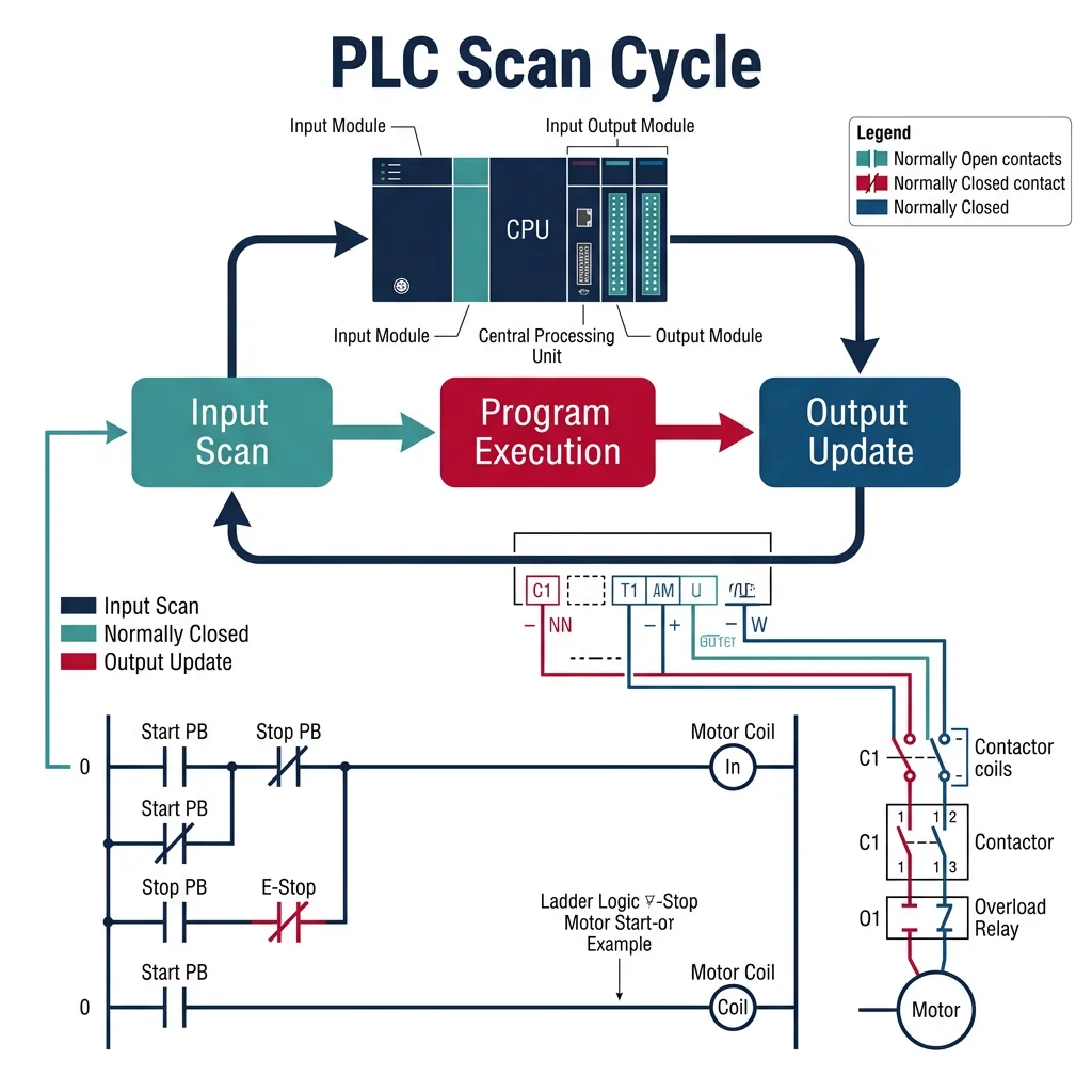 PLC scan cycle diagram showing input scan, program execution, and output update phases, with a ladder logic example controlling a motor start-stop circuit