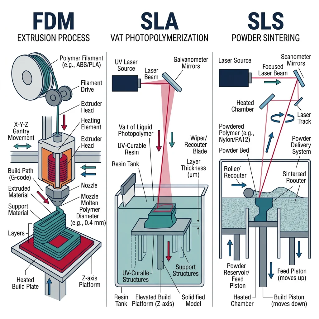 Comparison of polymer AM processes showing FDM extrusion, SLA vat photopolymerization, and SLS powder sintering side by side