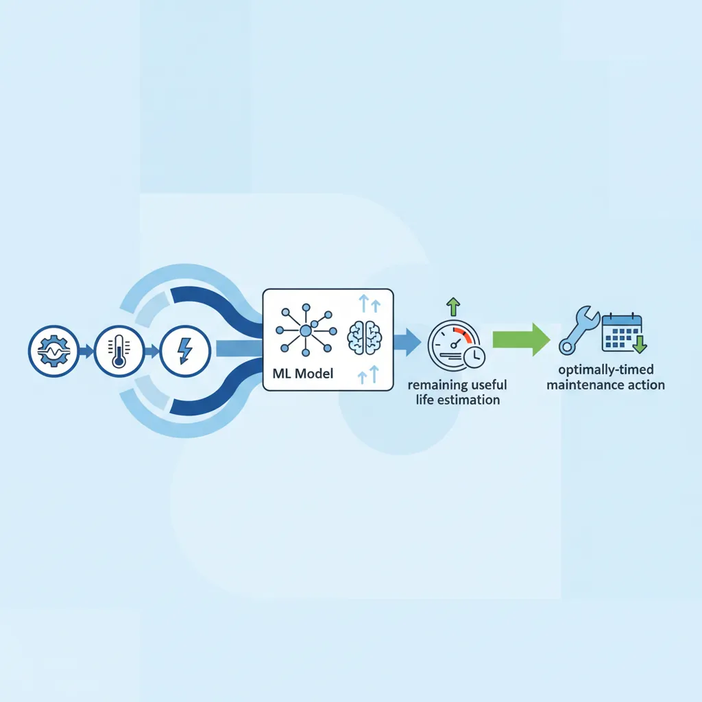 Flowchart of predictive maintenance pipeline from vibration sensors through ML models to maintenance scheduling