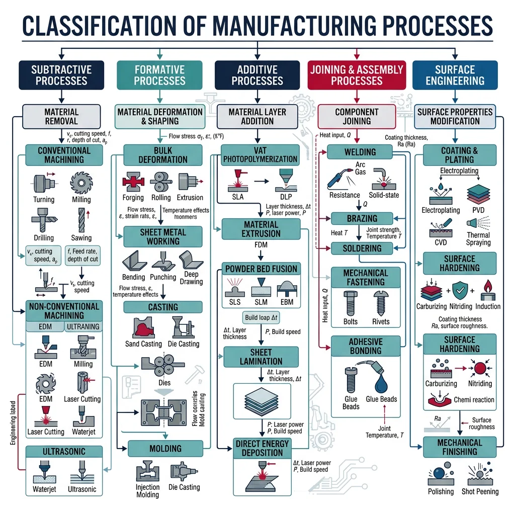 Manufacturing process taxonomy showing subtractive, formative, additive, joining, and surface engineering process families
