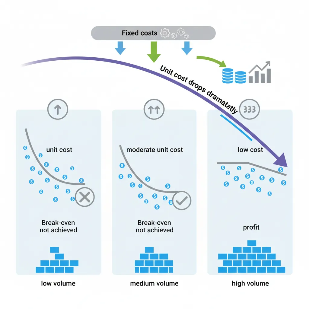 Break-even analysis chart comparing fixed and variable costs across production volume for different manufacturing processes