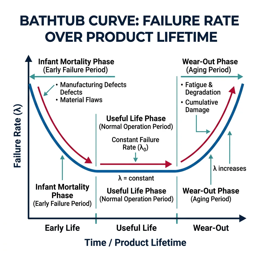 Bathtub curve showing failure rate over product lifetime with infant mortality, useful life, and wear-out phases labeled