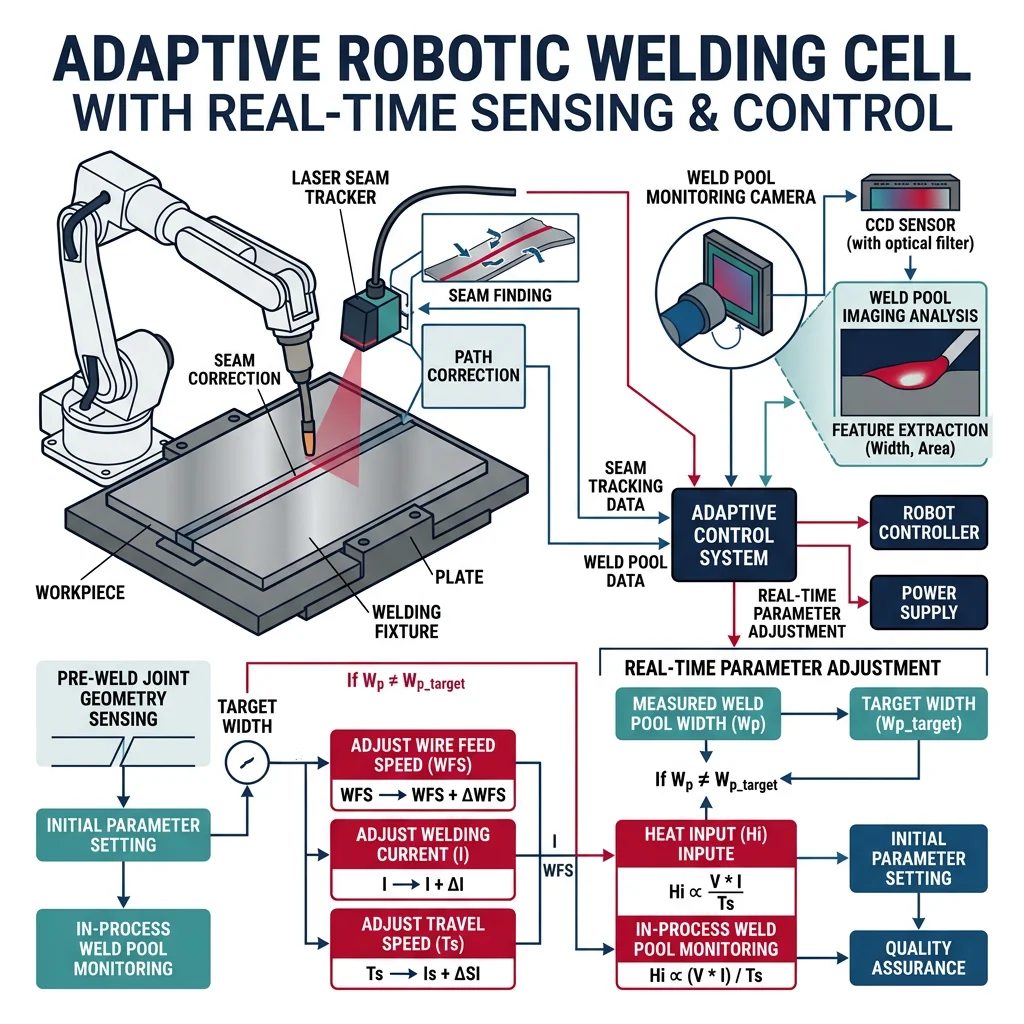 Robotic welding cell with adaptive sensing systems including seam tracking, weld pool monitoring, and real-time parameter adjustment