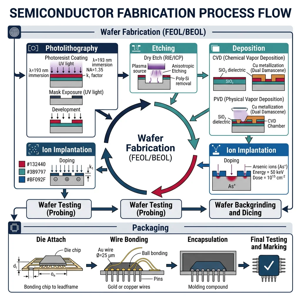 Semiconductor fabrication process flow showing photolithography, etching, deposition, and packaging steps