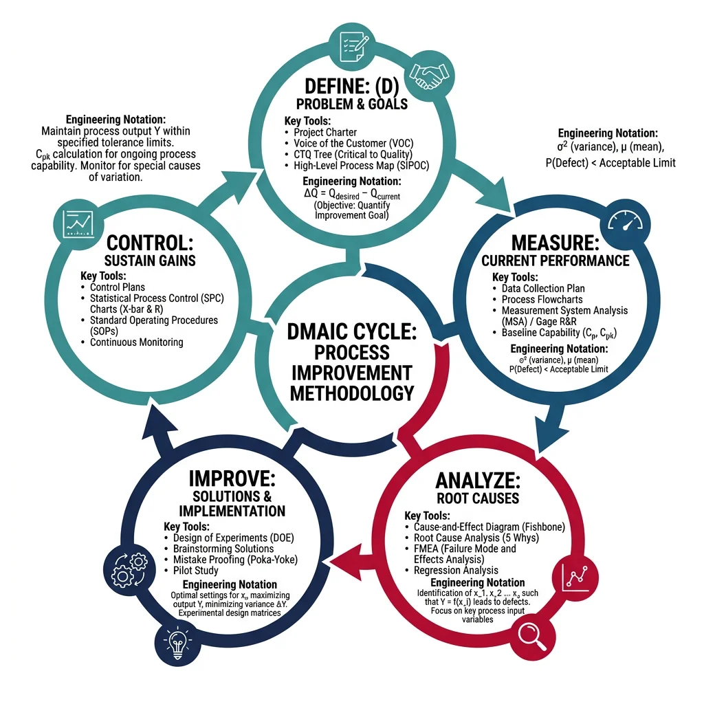 DMAIC cycle diagram showing the five phases — Define, Measure, Analyze, Improve, Control — connected in a circular flow with key tools listed under each phase