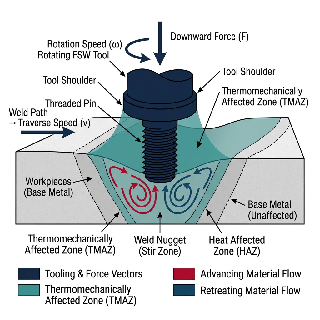 Friction stir welding mechanism showing rotating tool, thermomechanically affected zone, and material flow pattern