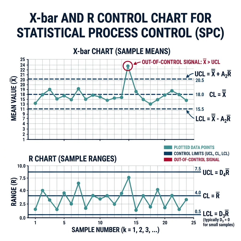 X-bar and R control chart showing plotted sample means with upper and lower control limits and an out-of-control signal