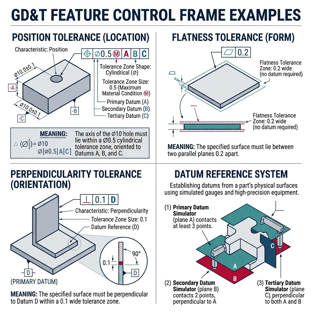 GD&T feature control frame examples showing position, flatness, perpendicularity, and datum references