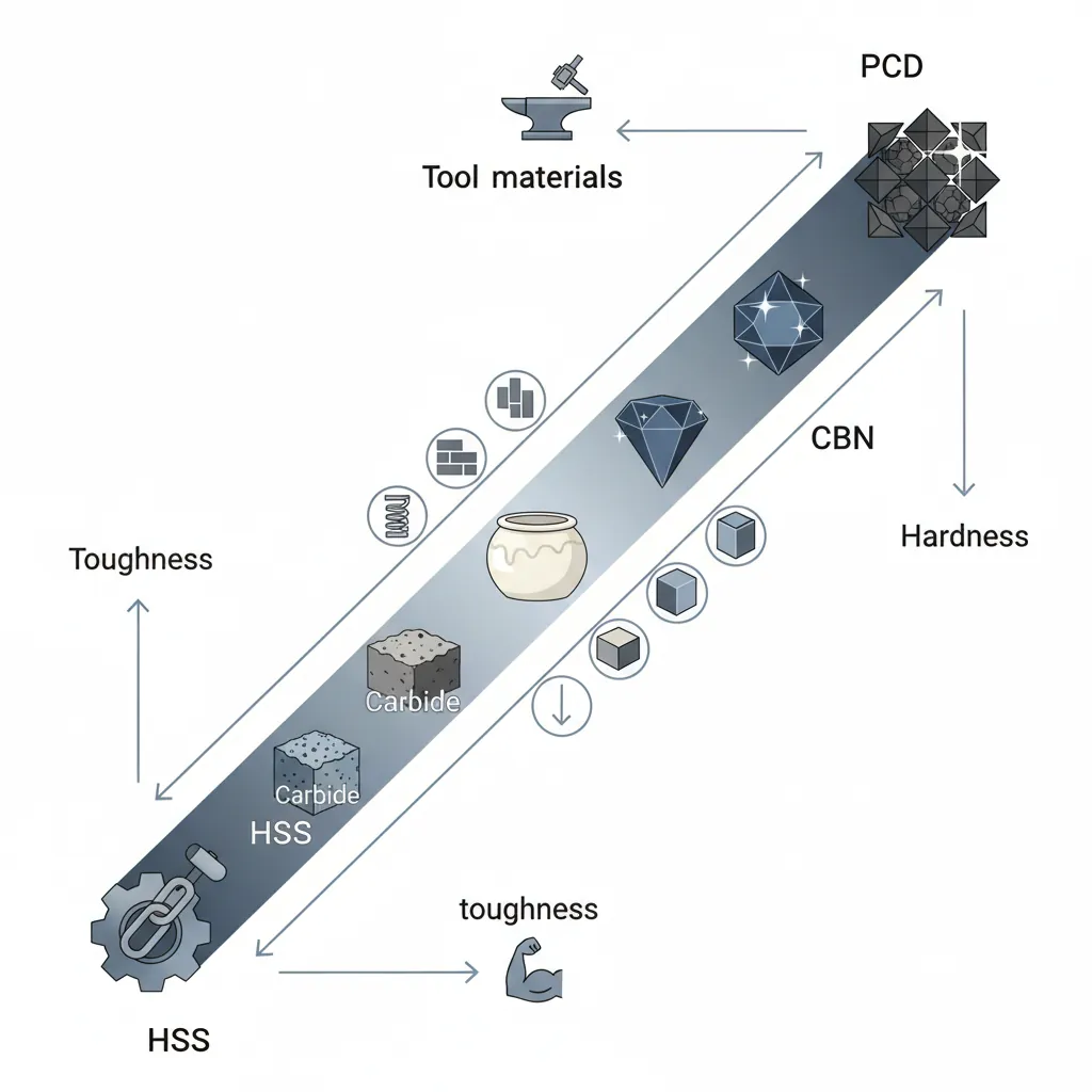 Spectrum chart showing tool materials from tough HSS to hard PCD/CBN with hardness and toughness tradeoffs