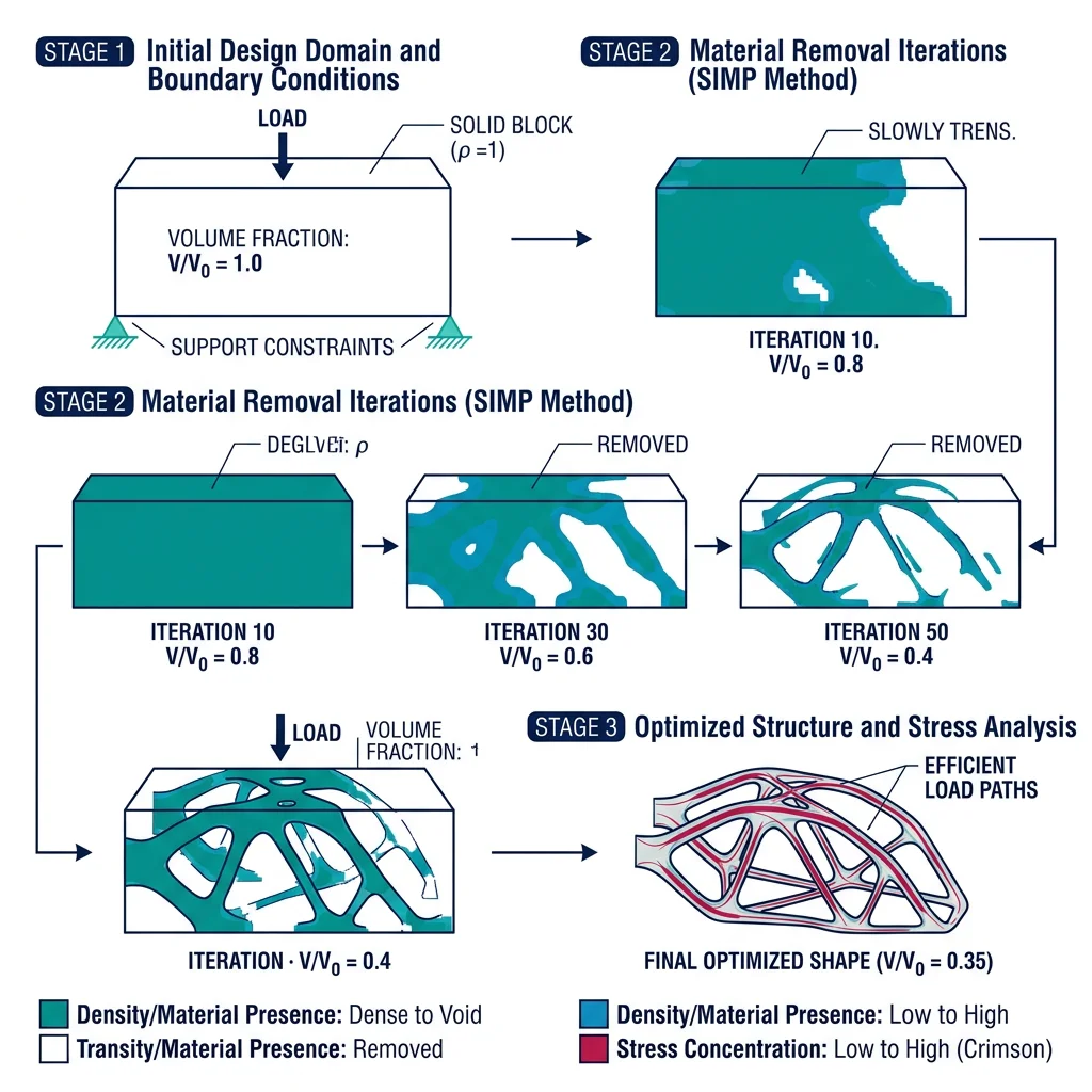 Topology optimization progression from solid block to organic lightweight structure showing material removal iterations
