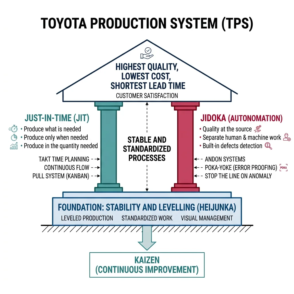 Toyota Production System house diagram showing the two pillars of Just-in-Time and Jidoka supporting the roof of highest quality, lowest cost, and shortest lead time