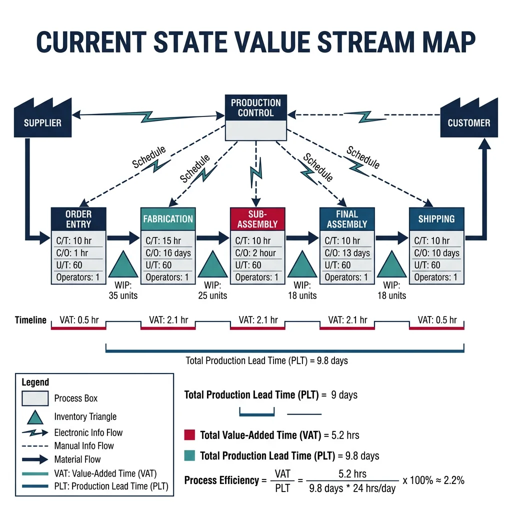 Value stream map showing current state with process boxes, inventory triangles, information flow arrows, and a timeline comparing value-added time versus total lead time
