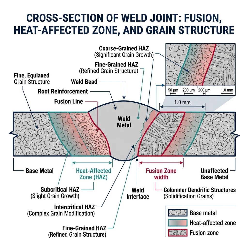 Cross-section of weld joint showing fusion zone, heat-affected zone, and base metal with grain structure changes