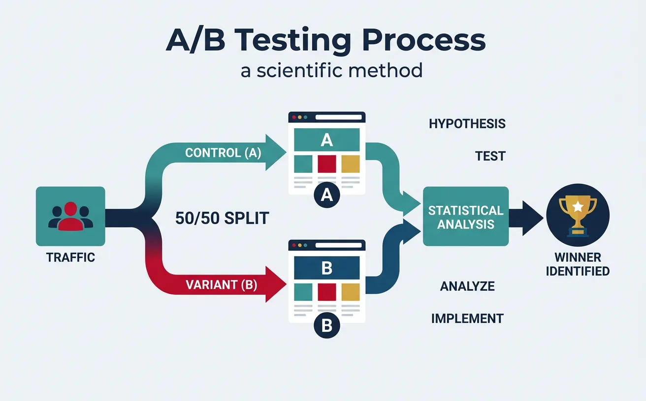 A/B testing process showing control vs variant with traffic split and statistical analysis