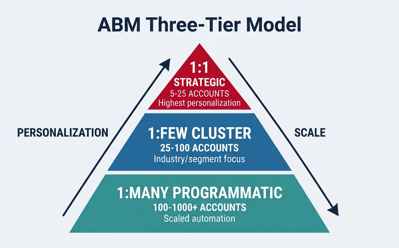 ABM three-tier model showing 1:1 strategic, 1:few cluster, and 1:many programmatic approaches