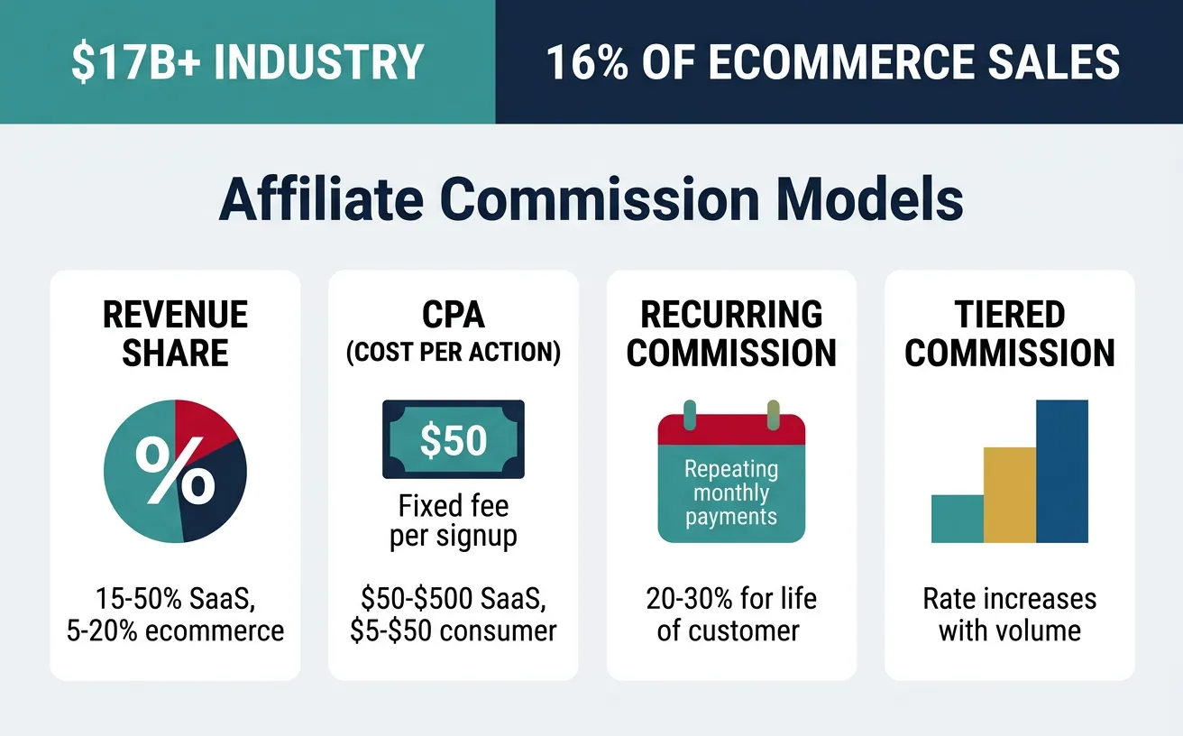Visual comparison of affiliate marketing commission models including revenue share, CPA, and recurring