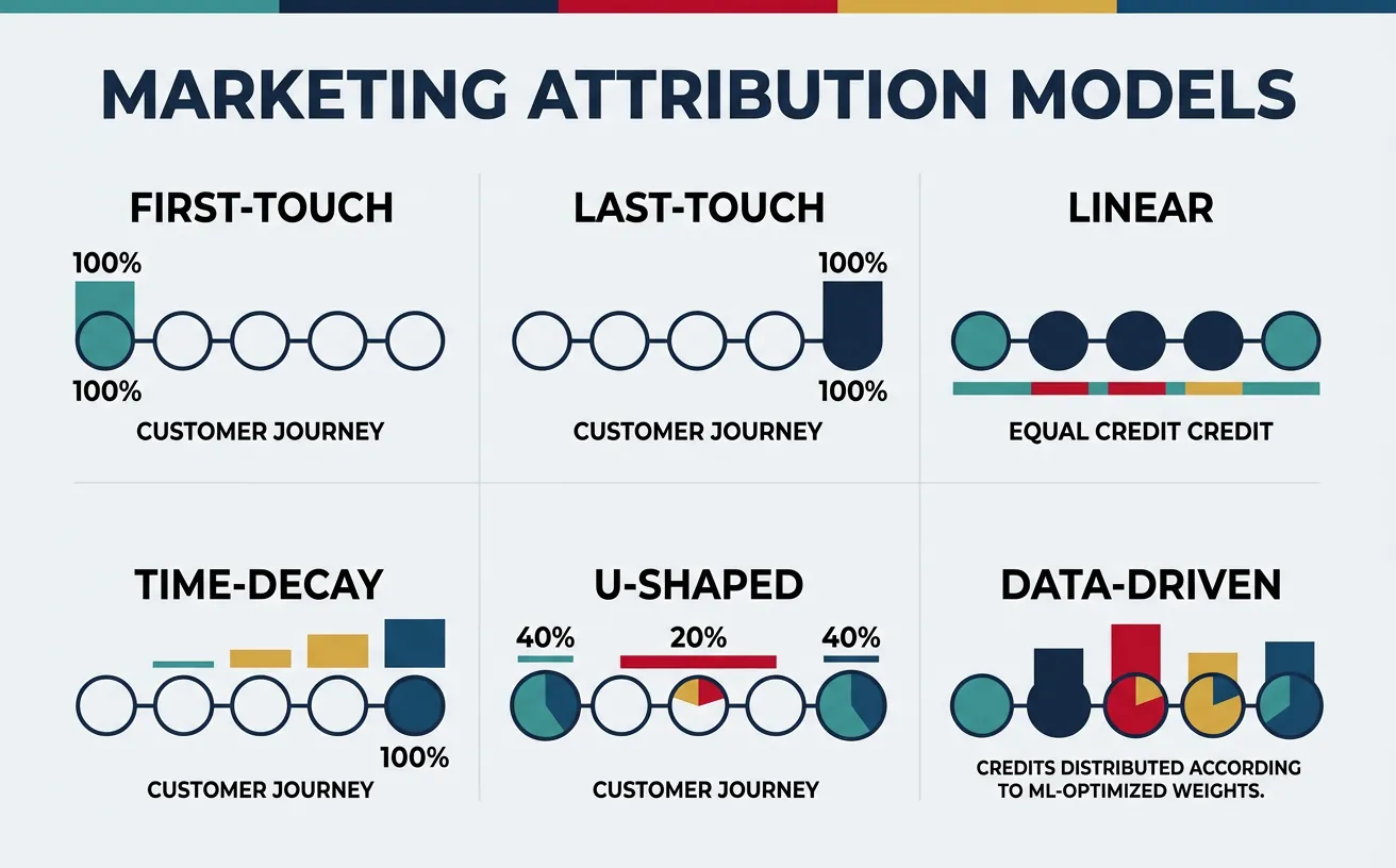 Attribution models compared: first-touch, last-touch, linear, time-decay, and position-based