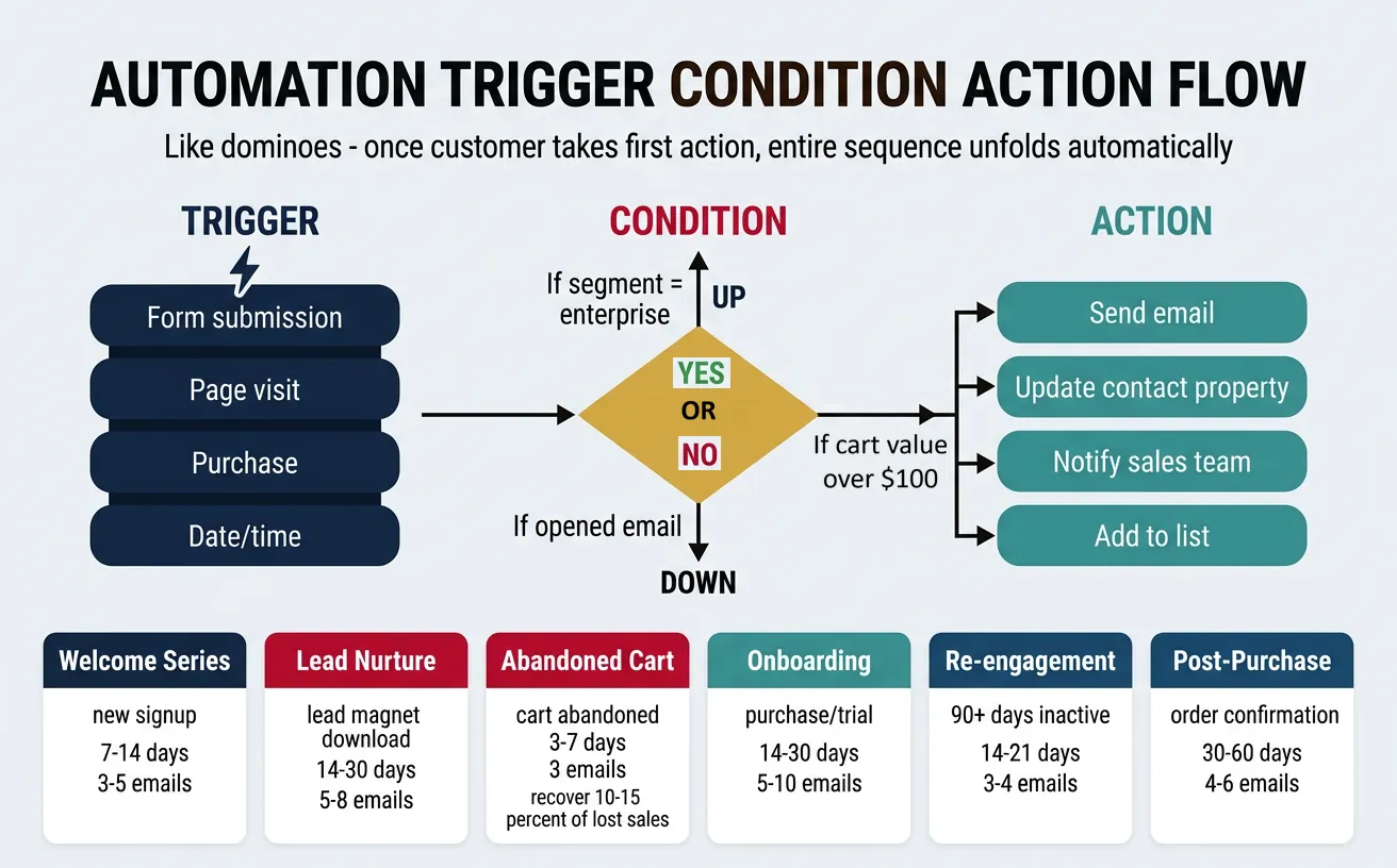 Marketing automation workflow showing trigger, condition branching, and action sequences