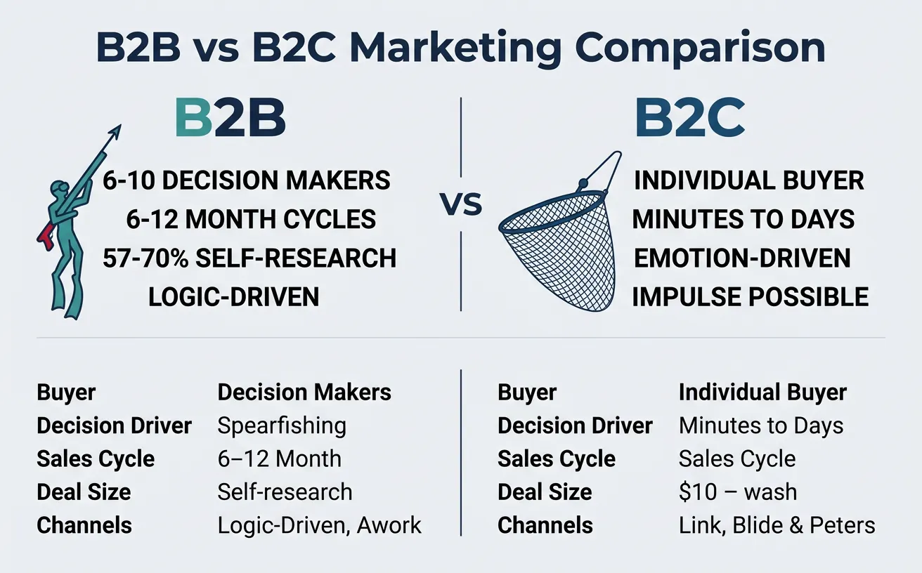B2B versus B2C marketing comparison showing buying committee, sales cycle, and decision factors