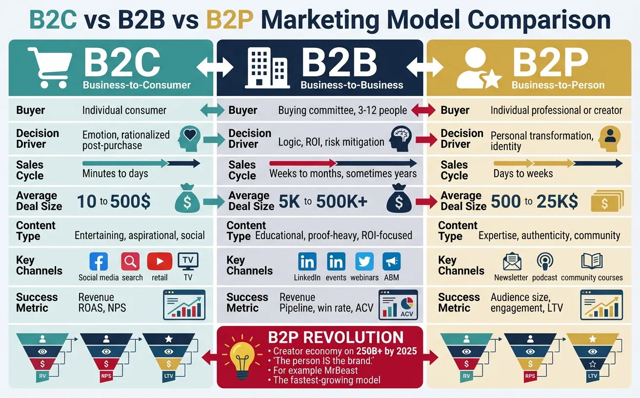 Comparison chart of B2C, B2B, and B2P marketing models showing buyer psychology, sales cycles, and strategy differences
