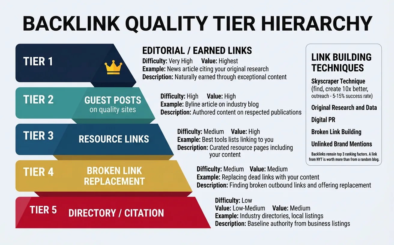 Link building quality hierarchy showing tiers from editorial links to directory citations