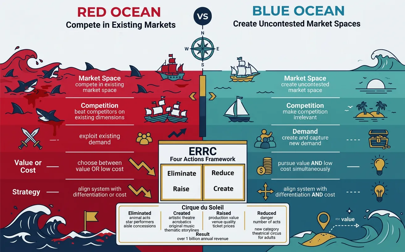 Blue Ocean versus Red Ocean strategy framework showing the contrast between competing in existing markets and creating new market spaces