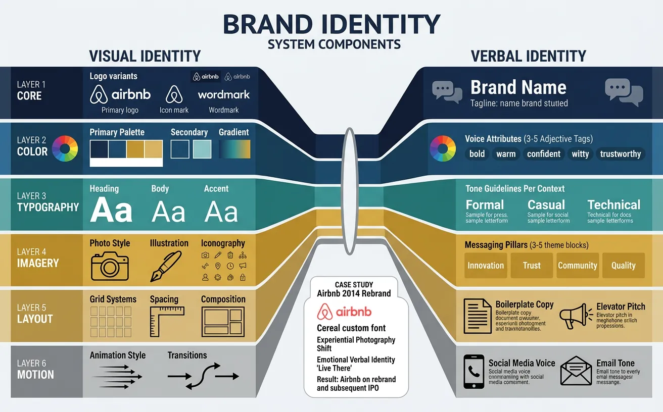 Brand identity system showing the visual and verbal toolkit components that create consistent brand recognition