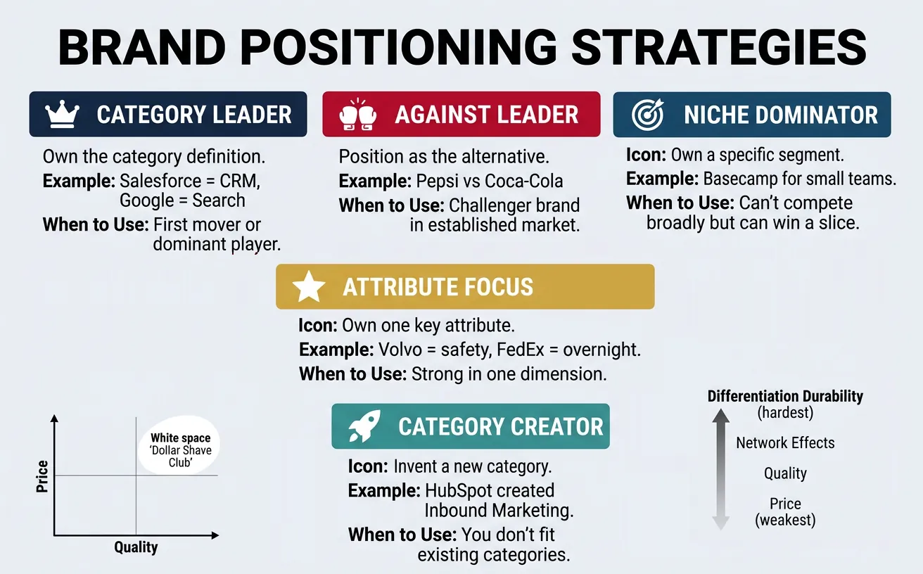 Brand positioning strategy options including category leader, against leader, category creator, niche specialist, and attribute ownership