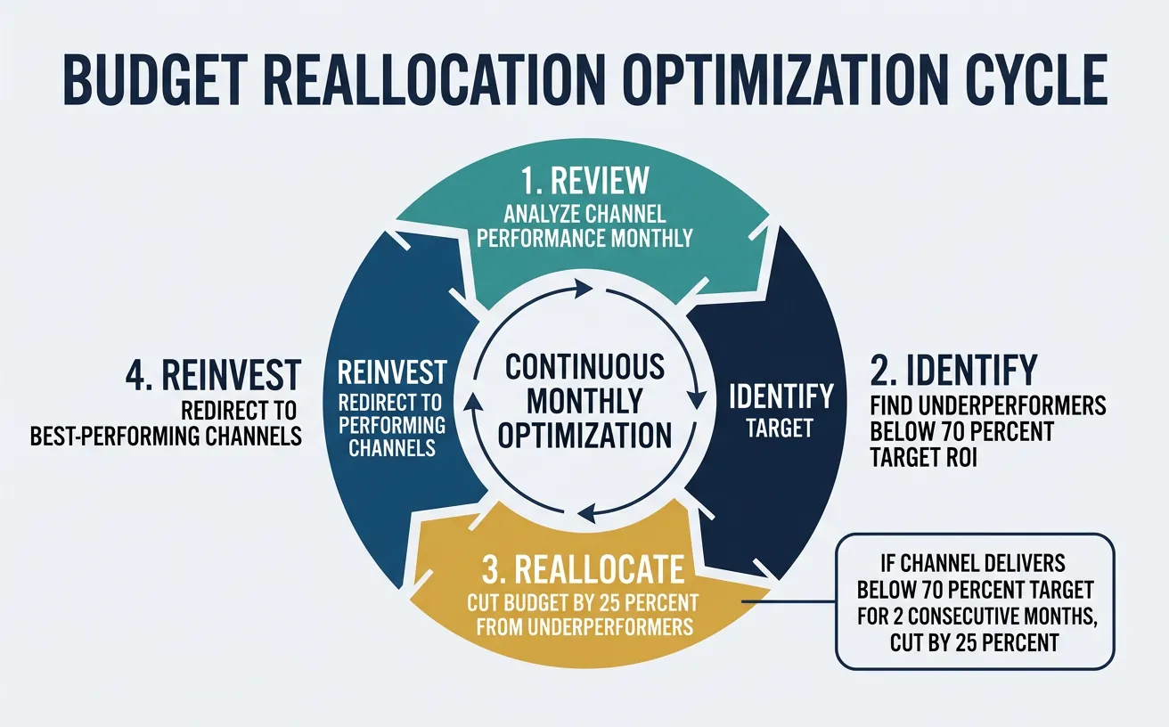 Circular diagram showing the continuous monthly budget reallocation and optimization cycle