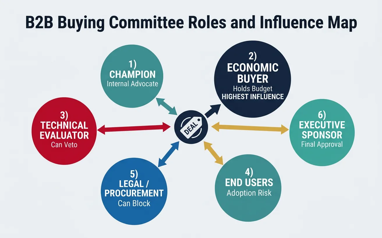 Enterprise buying committee roles: champion, economic buyer, technical evaluator, end users, and executive sponsor