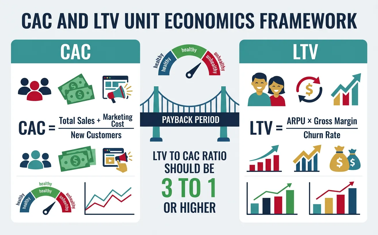 Visual framework showing the relationship between CAC, LTV, and payback period