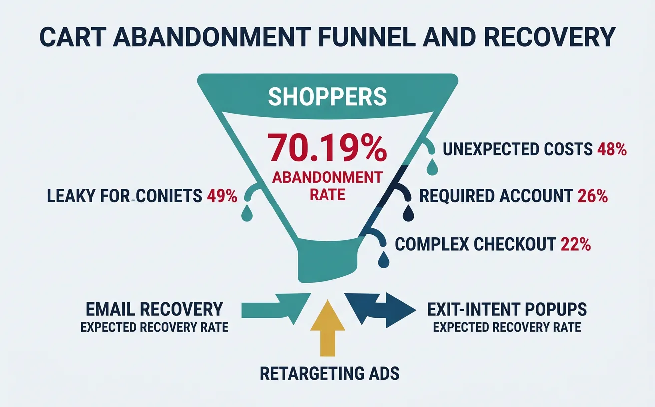 Cart abandonment funnel showing 70% drop-off with top reasons and recovery strategies