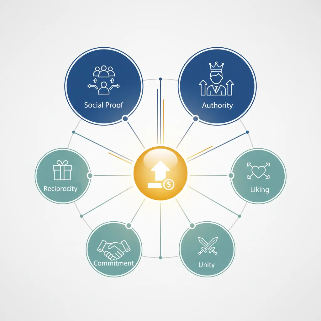 Robert Cialdini six principles of influence including reciprocity, commitment, social proof, authority, liking, and scarcity