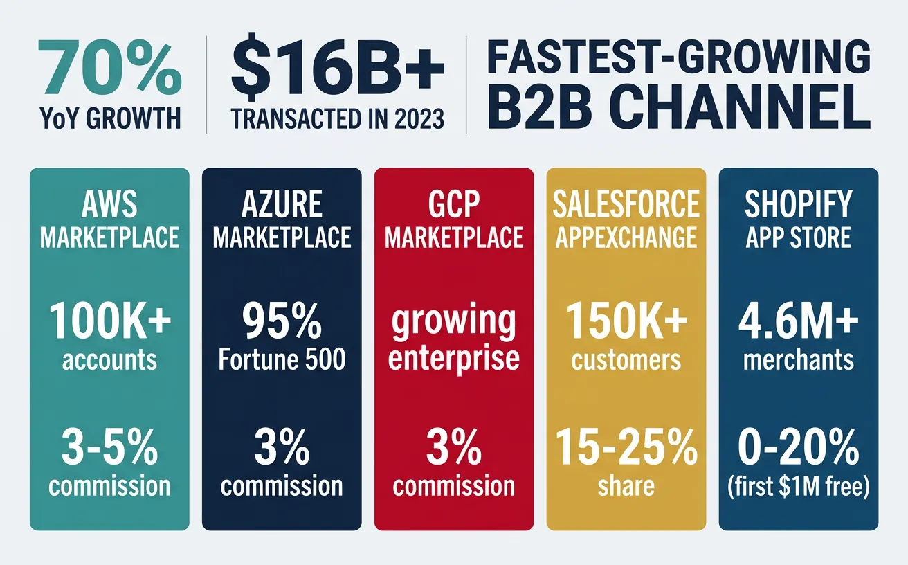 Overview diagram of major cloud marketplaces for B2B SaaS distribution