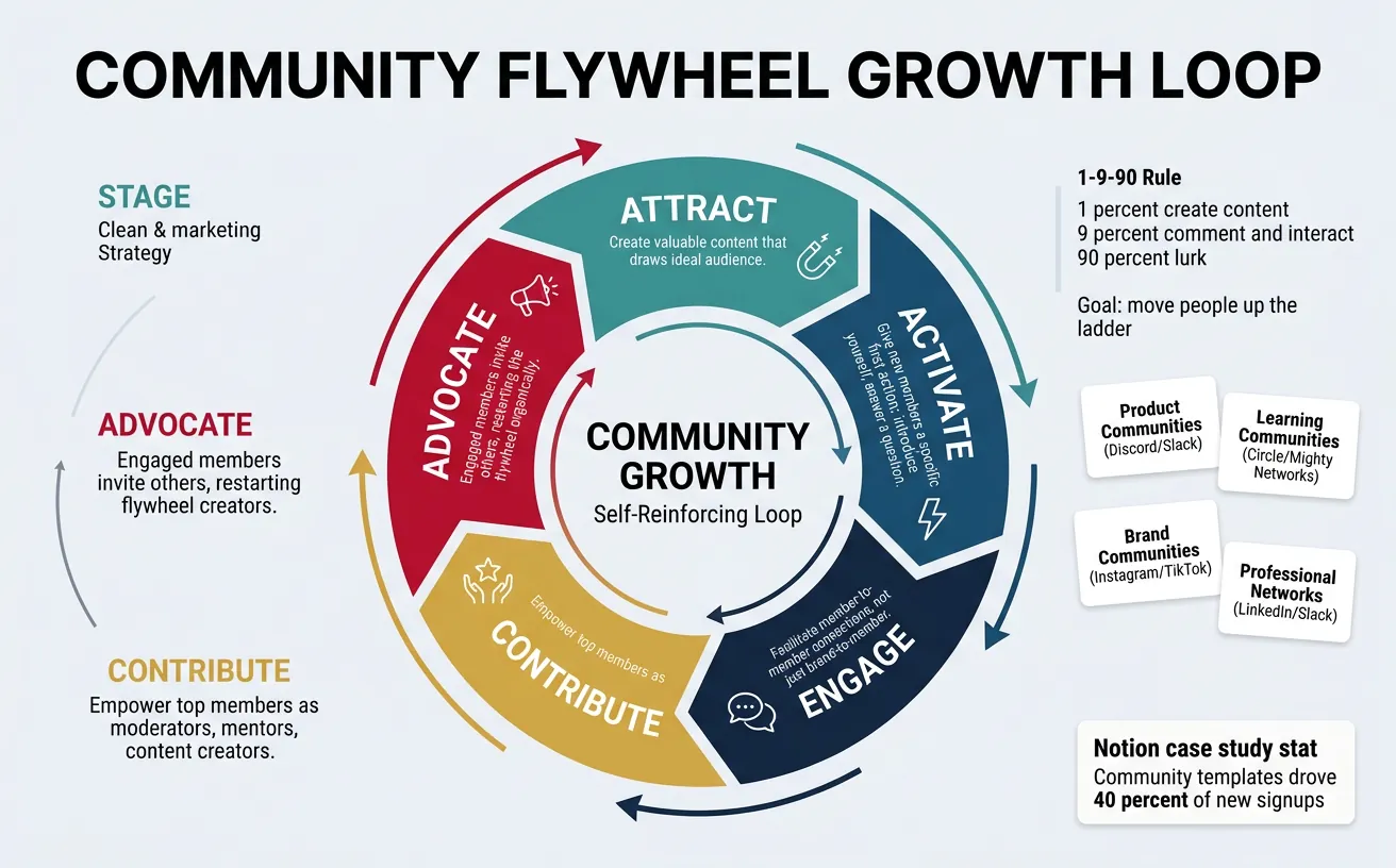 Community flywheel showing attract, activate, engage, contribute, and advocate stages