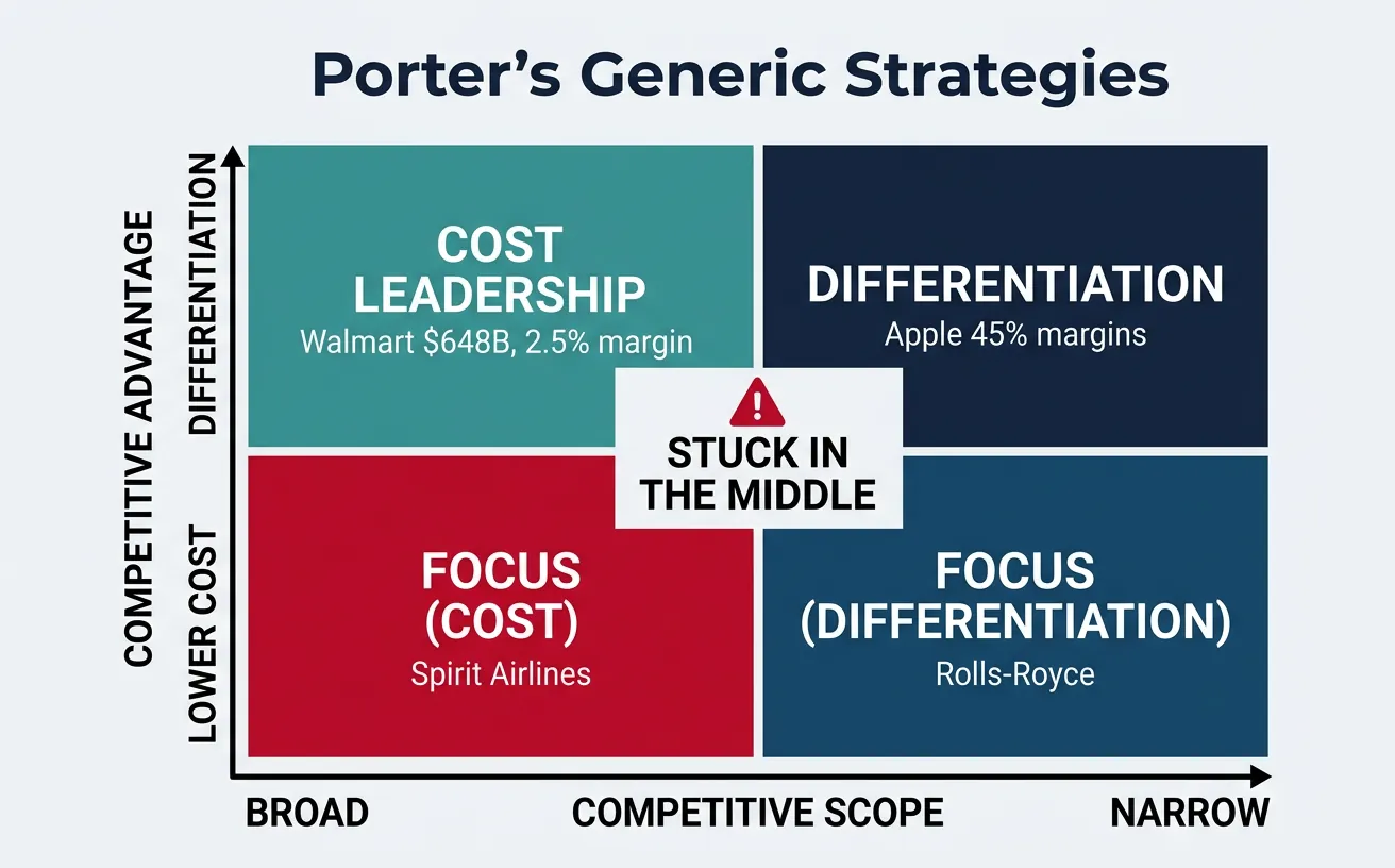 Porter's generic strategies — cost leadership, differentiation, and focus positioning