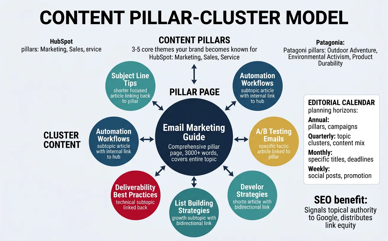 Visual diagram of the pillar-cluster content model with topic hub and supporting articles