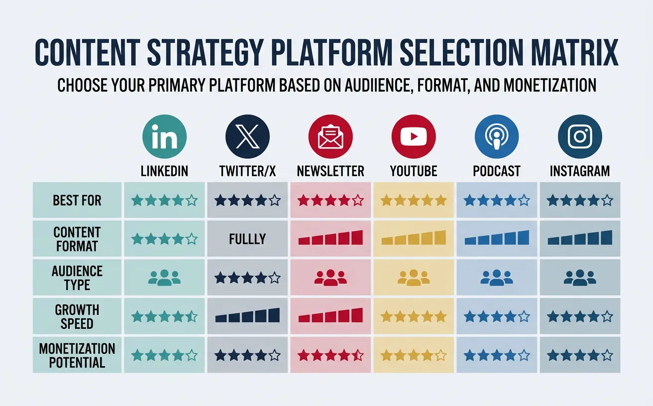 Content strategy platform selection comparing LinkedIn, Twitter, YouTube, newsletters, and podcasts