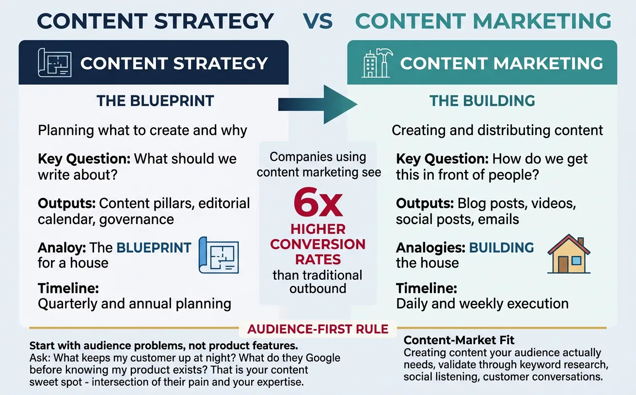 Diagram comparing content strategy planning and content marketing execution