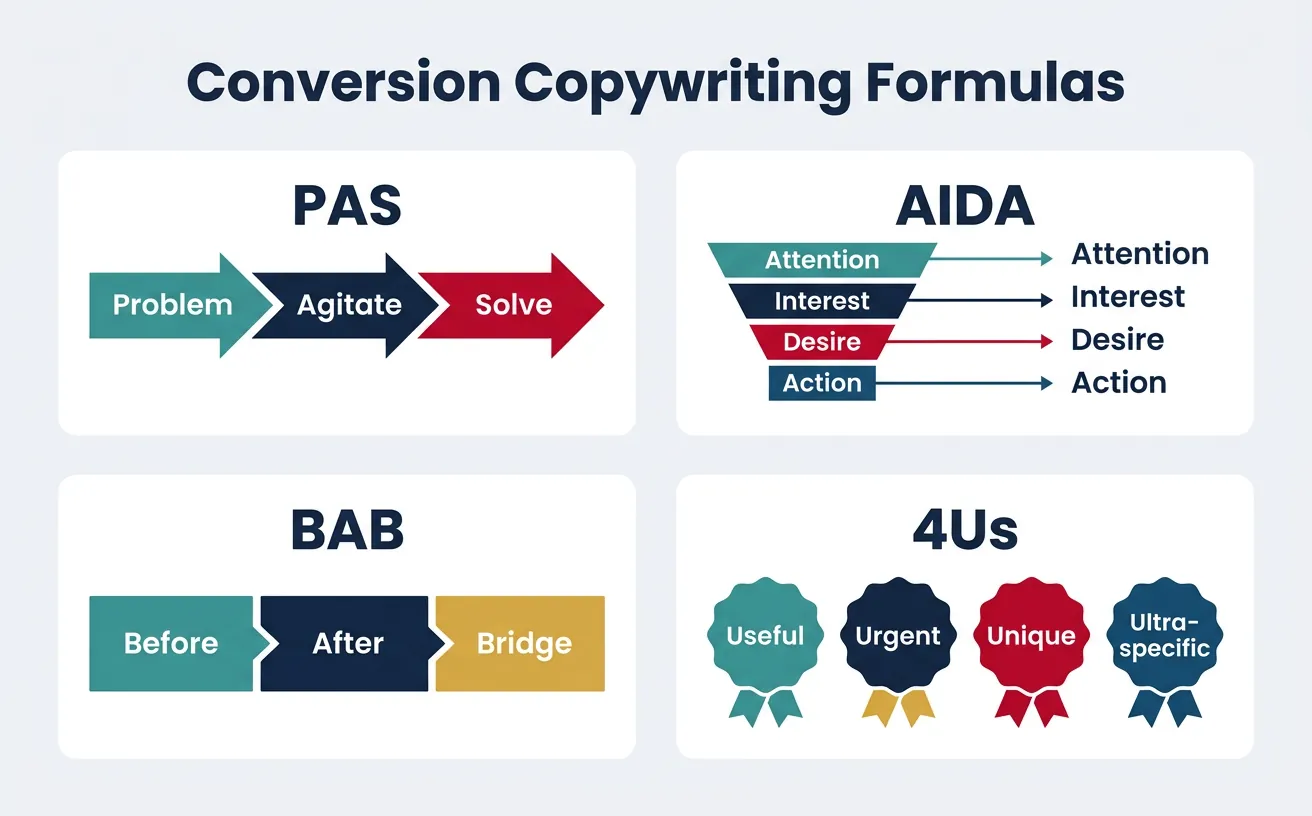 Conversion copywriting formulas PAS, AIDA, BAB, and 4Us with examples