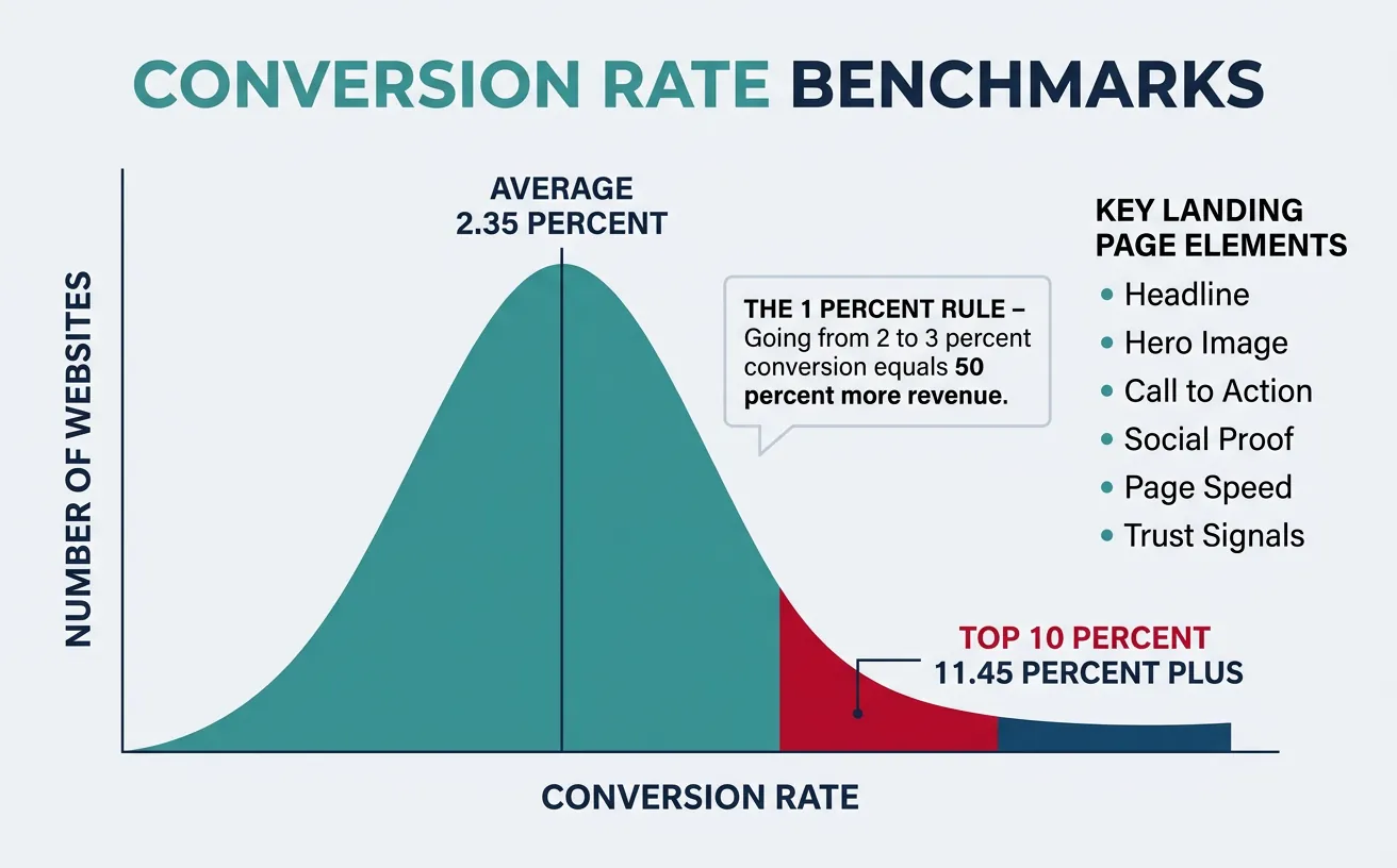 Conversion rate distribution showing average at 2.35% and top performers at 11.45%+