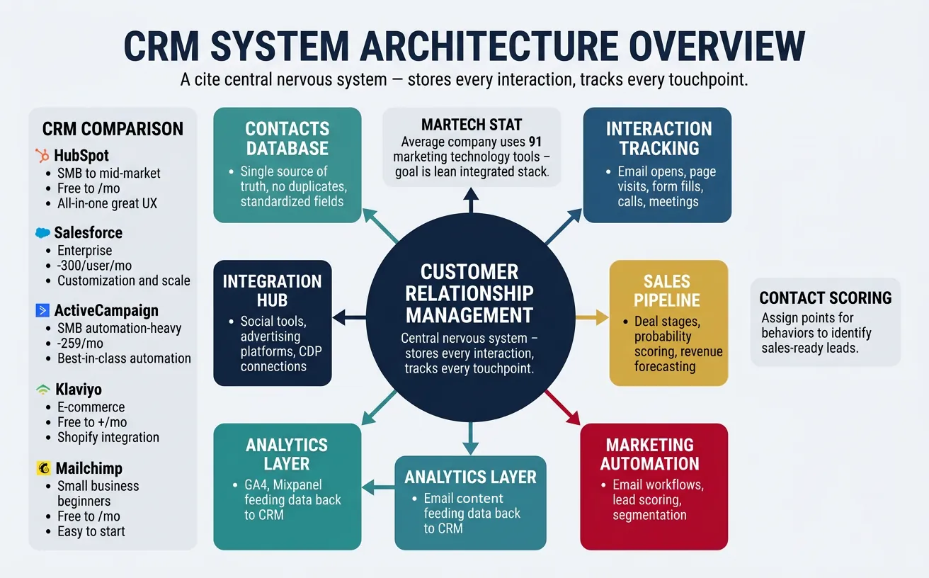 CRM system architecture showing contacts, interactions, pipelines, and marketing automation integration