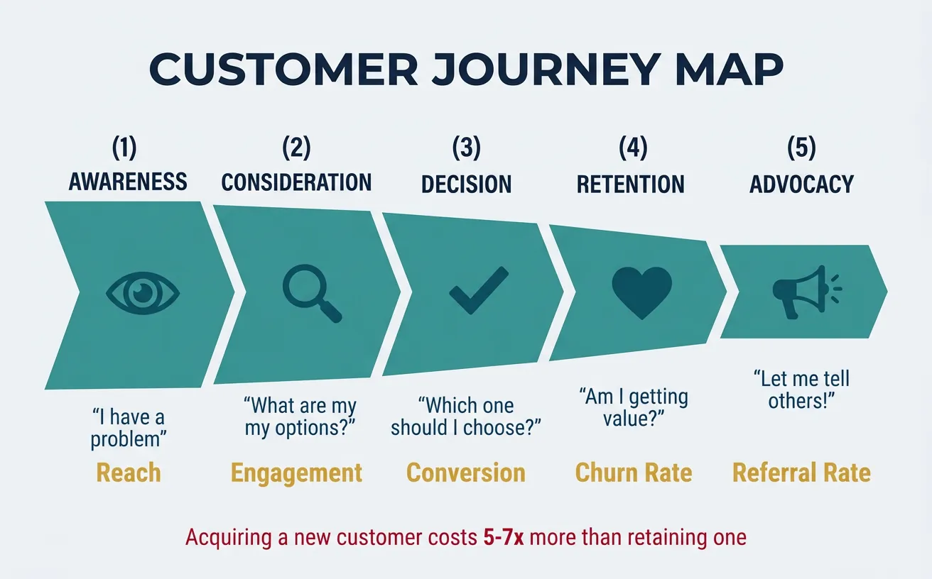 Customer journey map showing the five stages from awareness through advocacy with key touchpoints and metrics